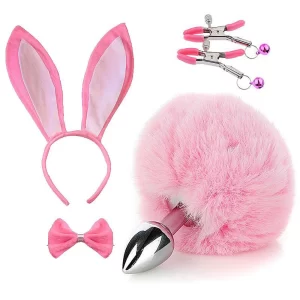 Kit Rabo de Coelho com Tiara de Orelhas, Grampos para os Seios e Laço