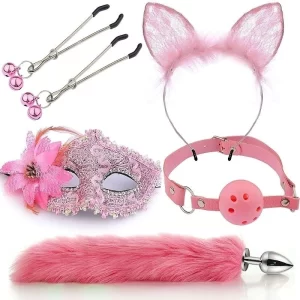 Kit Rabo de Raposa com Tiara de Orelhas, Grampos para os Seios, Gargantilha e Máscara