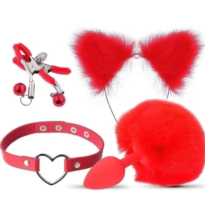 Kit Rabo de Coelho com Tiara de Orelhas, Grampos para os Seios e Gargantilha